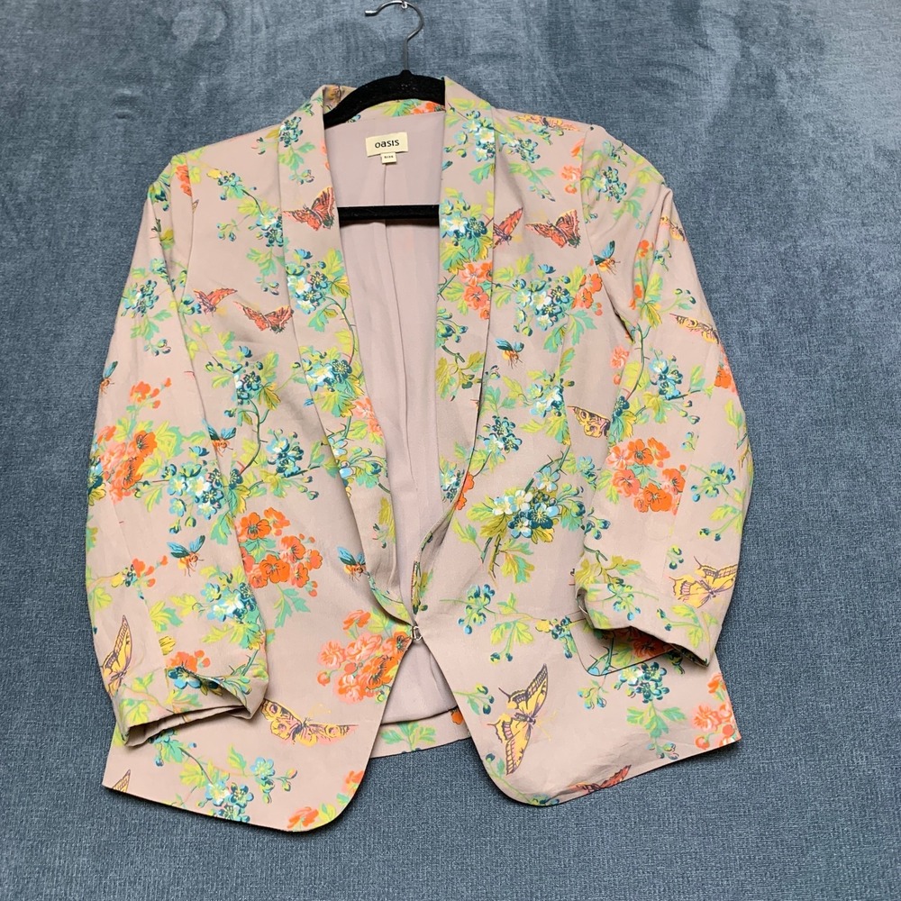 Oasis Blazer Jacket Womens 8/34 Beige Floral Butterfly Print Formal Hook & Eye